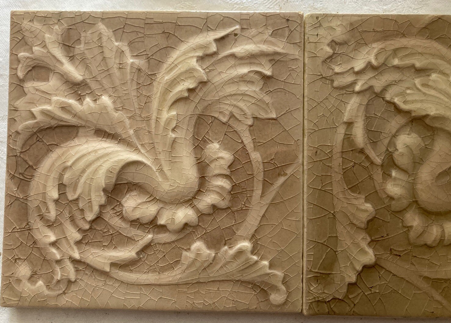 Antique Cambridge Acanthus Scroll Tile — Ivory Lilac Majolica - Image 4