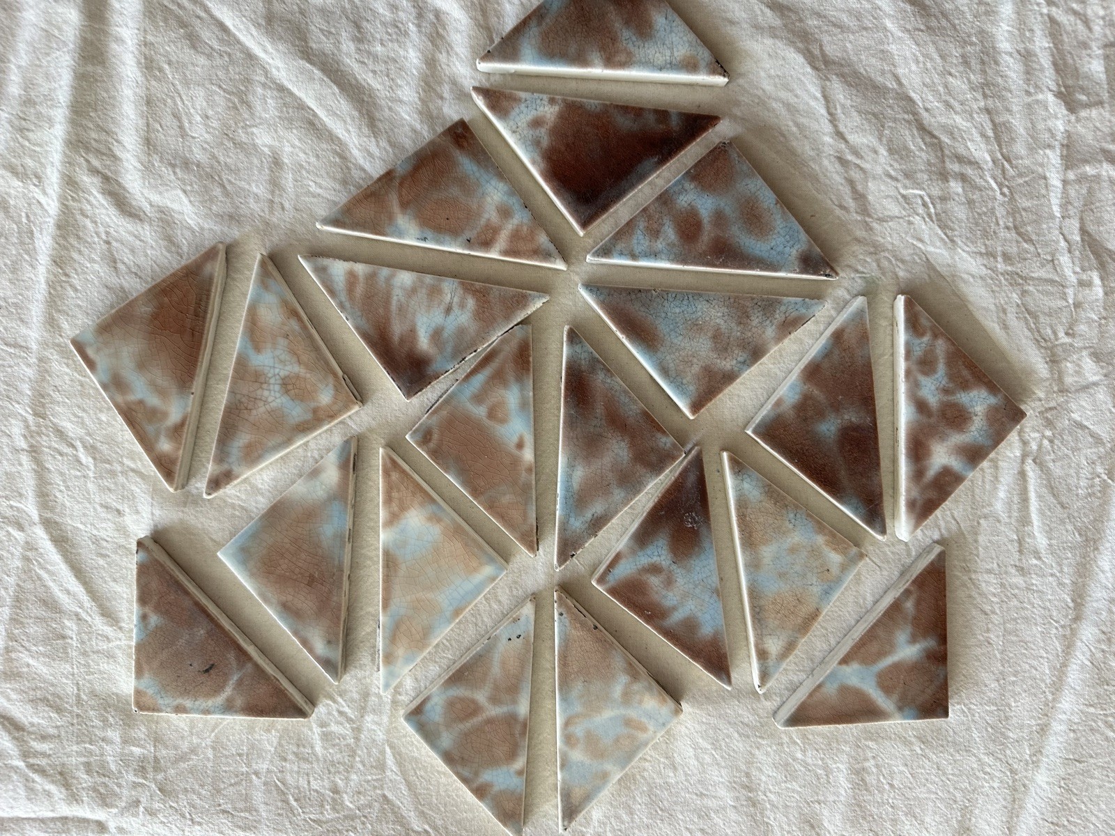 Antique Blue & Cocoa Crackle Triangle Tiles — Early 1900s, Set of 20
