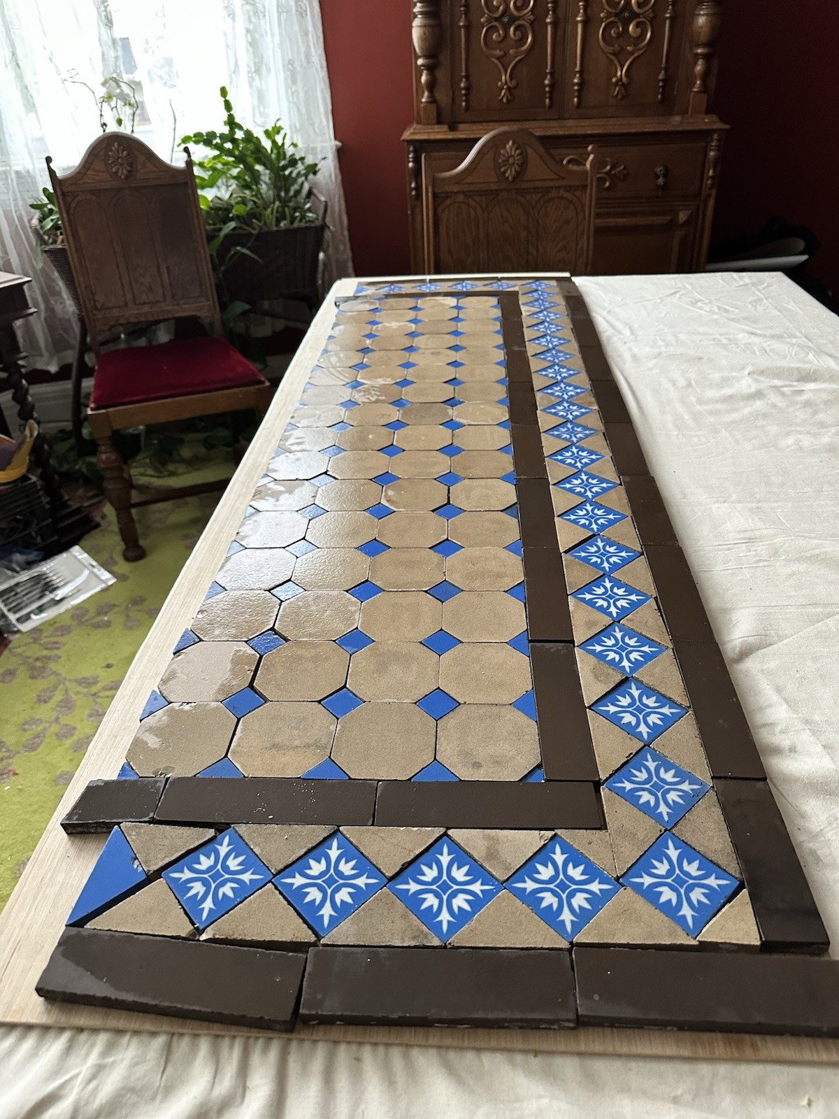 Antique AETCO Cobalt & Café Mosaic Hearth — Zanesville c.1890