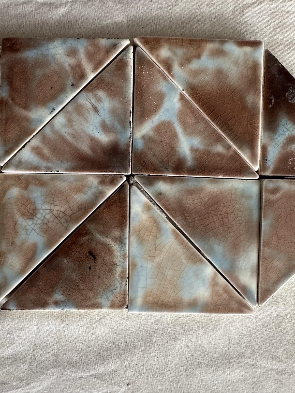 Antique Blue & Cocoa Crackle Triangle Tiles — Early 1900s, Set of 20 - Image 4
