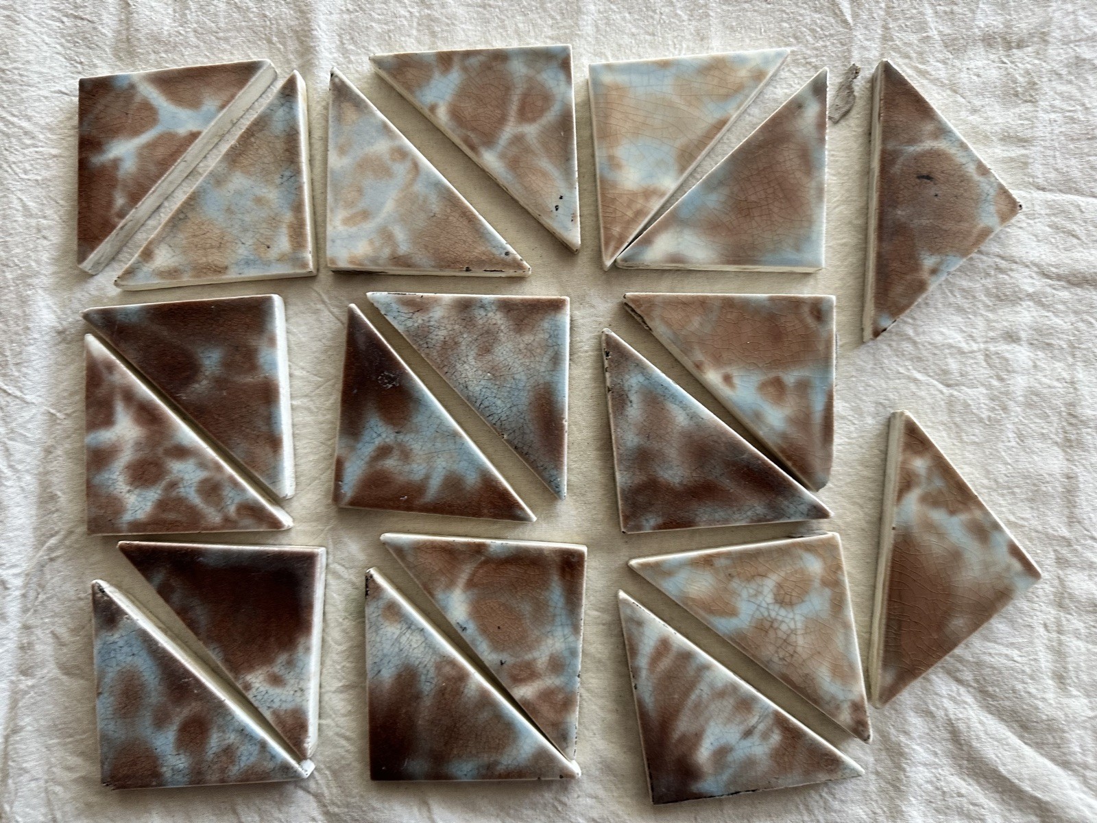 Antique Blue & Cocoa Crackle Triangle Tiles — Early 1900s, Set of 20 - Image 5