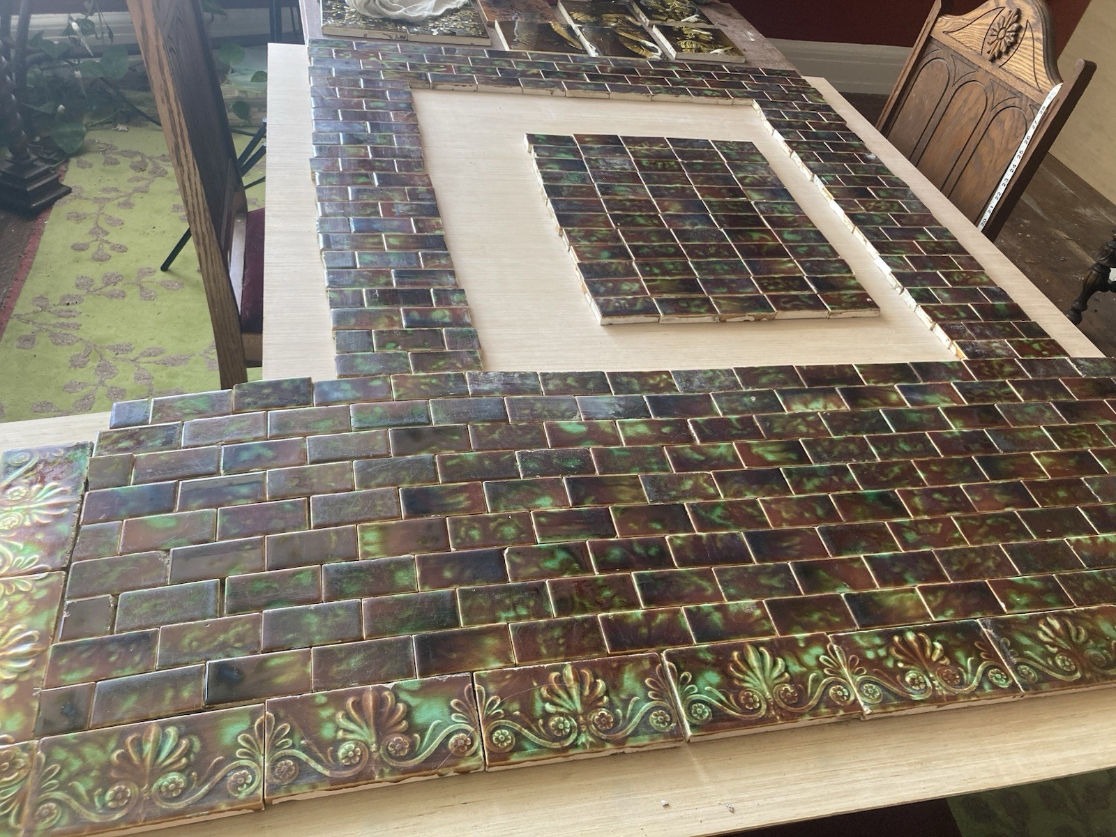 Complete AETCO Flame Green Tile Surround and Hearth - 12 sq ft - Floral Border