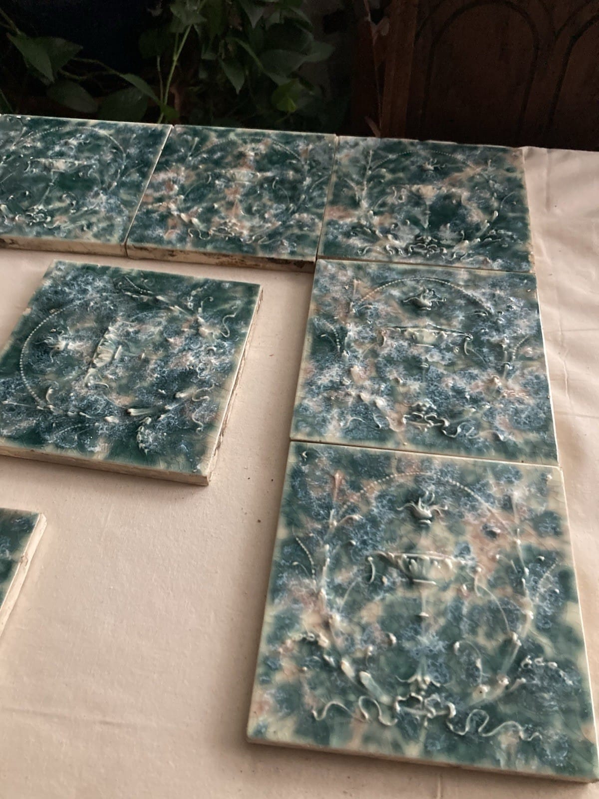 Opulent Cambridge Crystalline Fireplace Tiles - Teal and Smoke Urn Motif, 16 Tiles