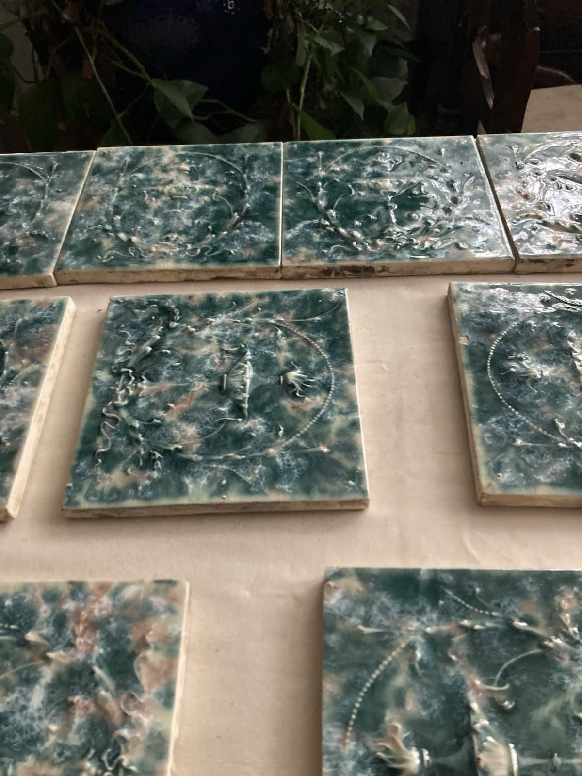 Opulent Cambridge Crystalline Fireplace Tiles - Teal and Smoke Urn Motif, 16 Tiles - Image 4
