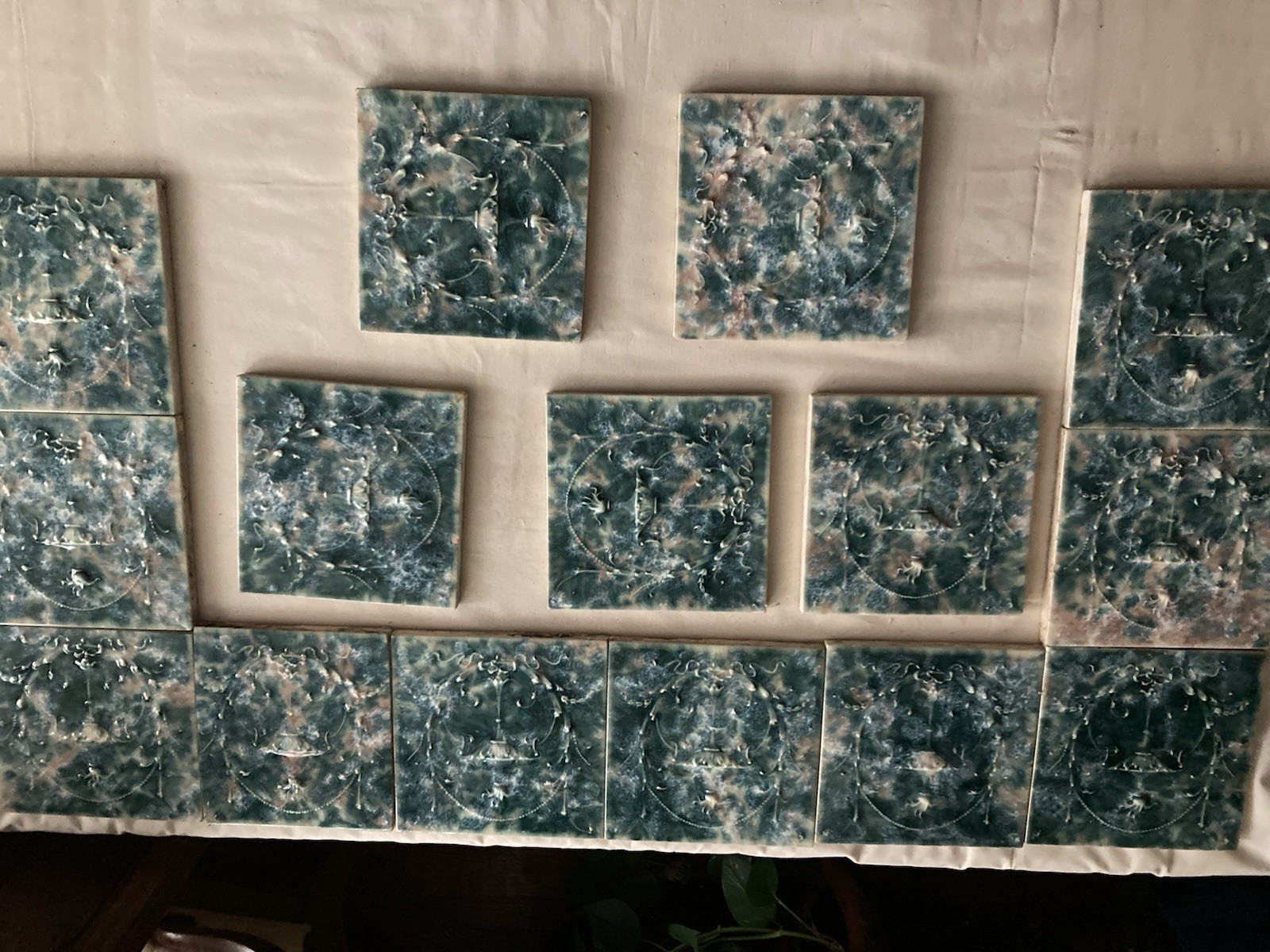 Opulent Cambridge Crystalline Fireplace Tiles - Teal and Smoke Urn Motif, 16 Tiles - Image 5