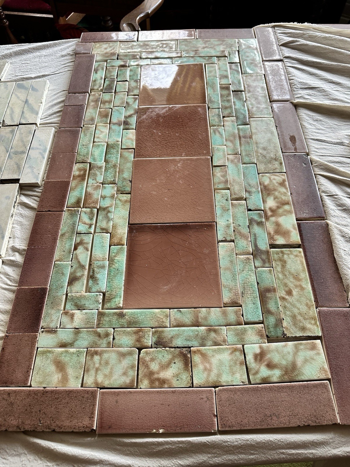 Antique AETCO Zanesville Hearth Tile Panel - Pink and Green Rustic Backsplash