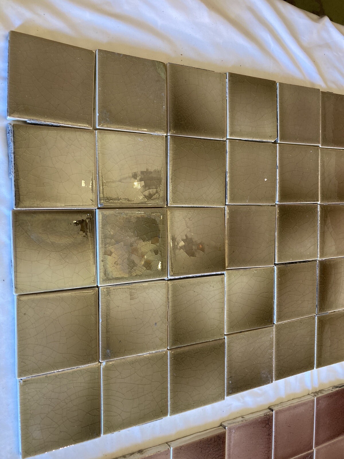 Antique Mottled Bronze Fireplace Tiles — 45 Glazed 3x3 Squares, 1900s - Image 3