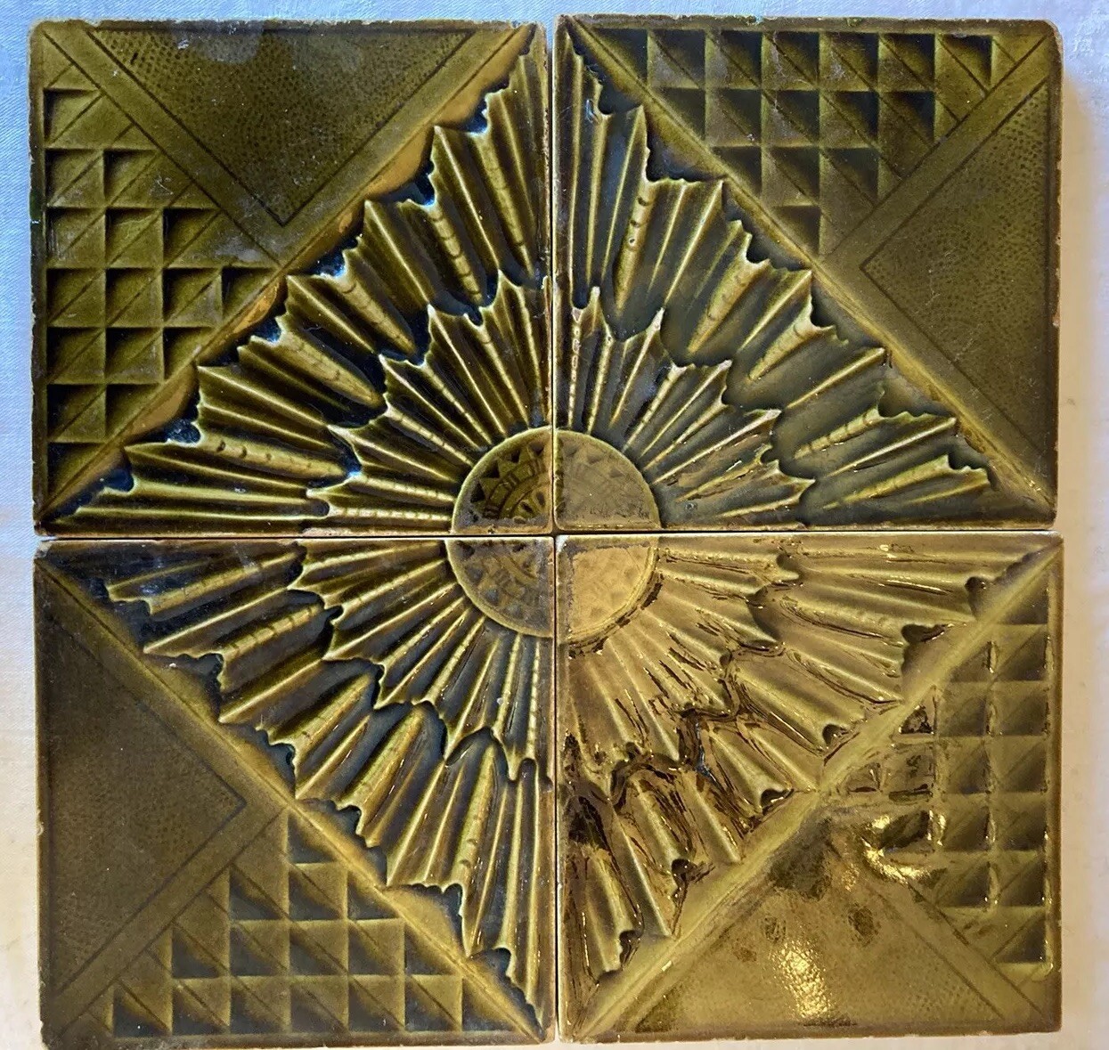 USETCO 12” Sunburst Tile Medallion — Olive Green Glaze, 4-Tile Set