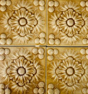 Antique Boulenger & Cie French Fireplace Surround — Golden Chrysanthemum Floral, 21 Tiles