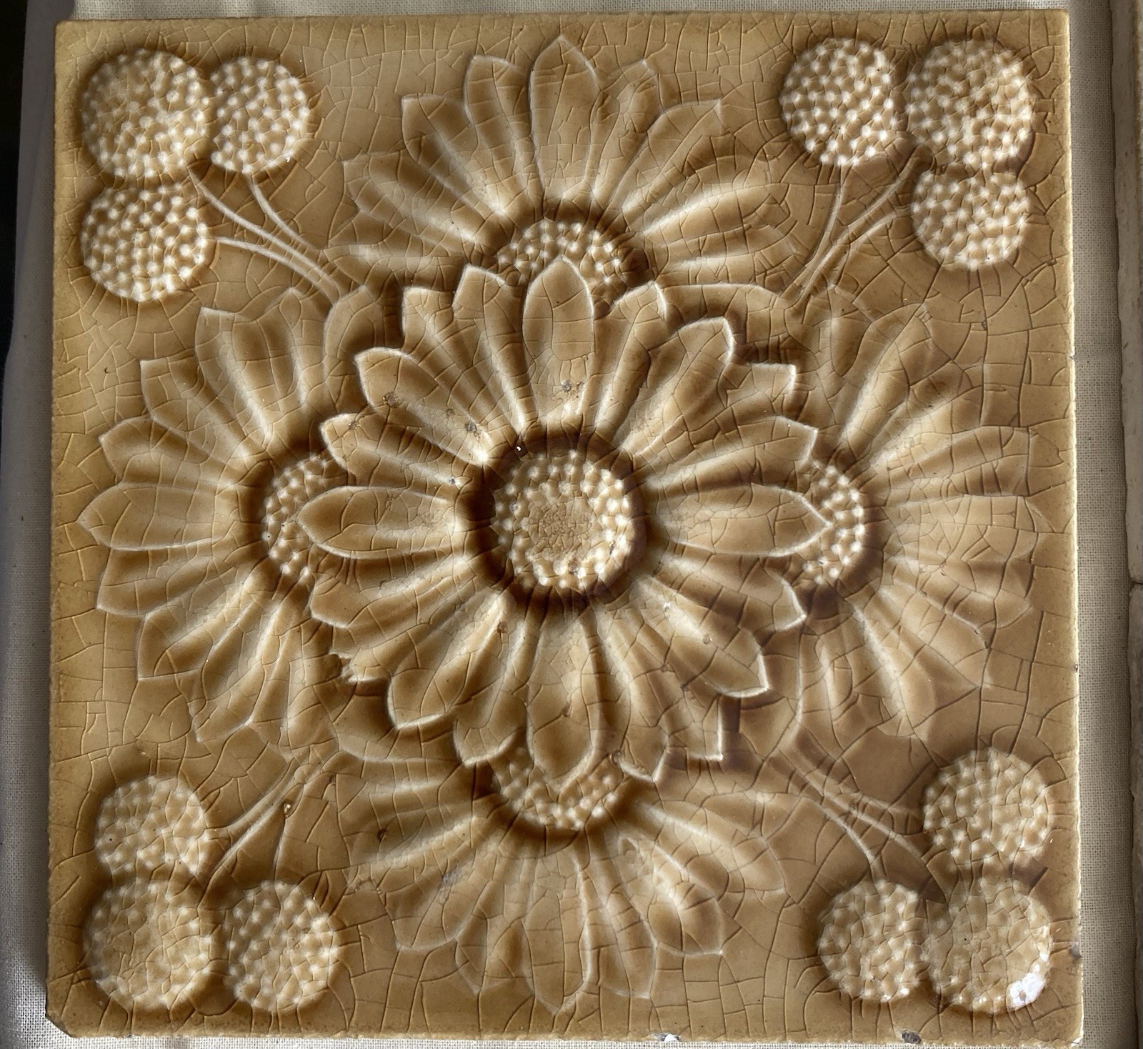 Antique Boulenger & Cie French Fireplace Surround — Golden Chrysanthemum Floral, 21 Tiles - Image 2