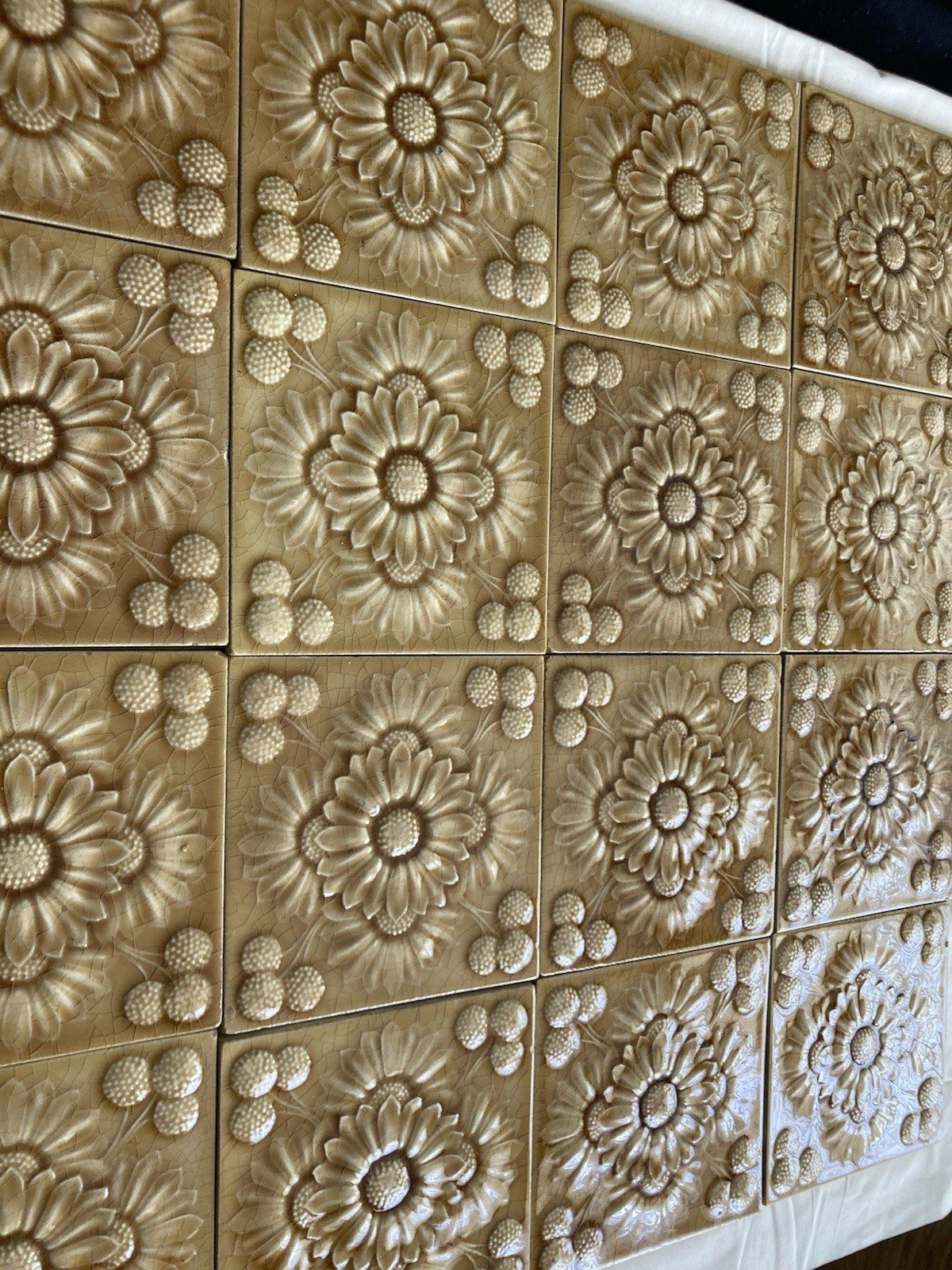 Antique Boulenger & Cie French Fireplace Surround — Golden Chrysanthemum Floral, 21 Tiles - Image 3
