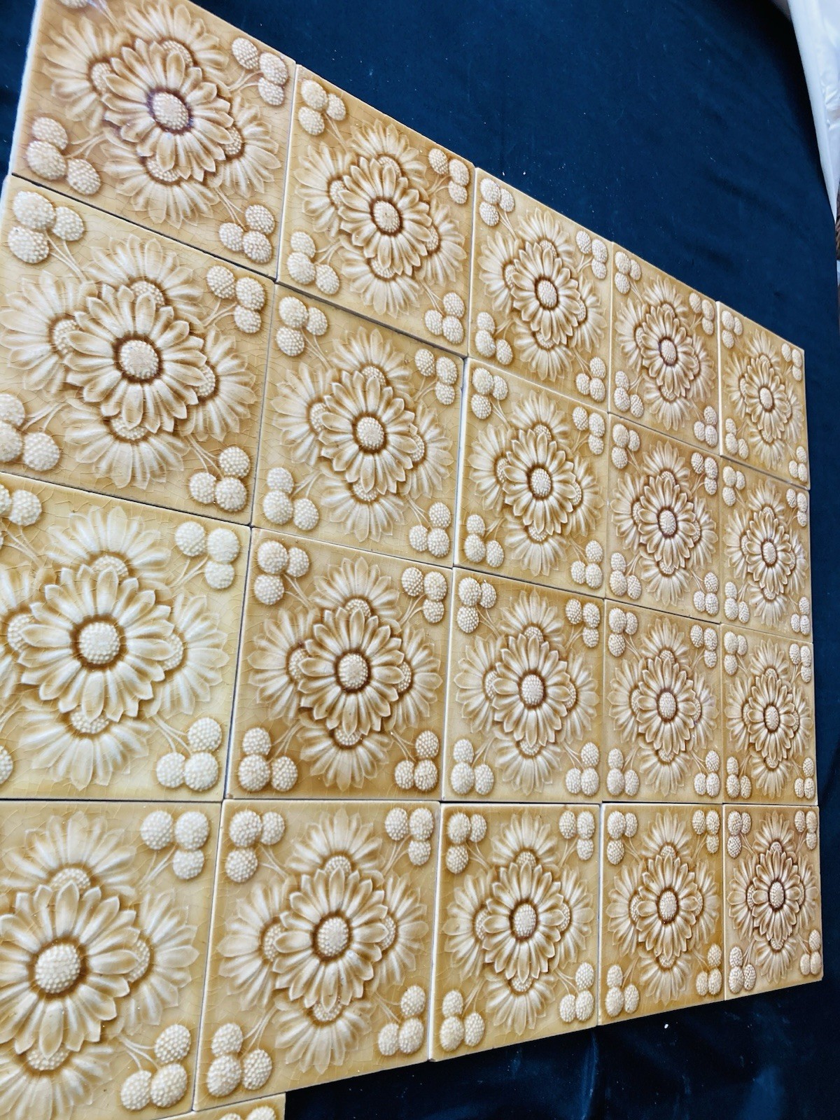 Antique Boulenger & Cie French Fireplace Surround — Golden Chrysanthemum Floral, 21 Tiles - Image 4