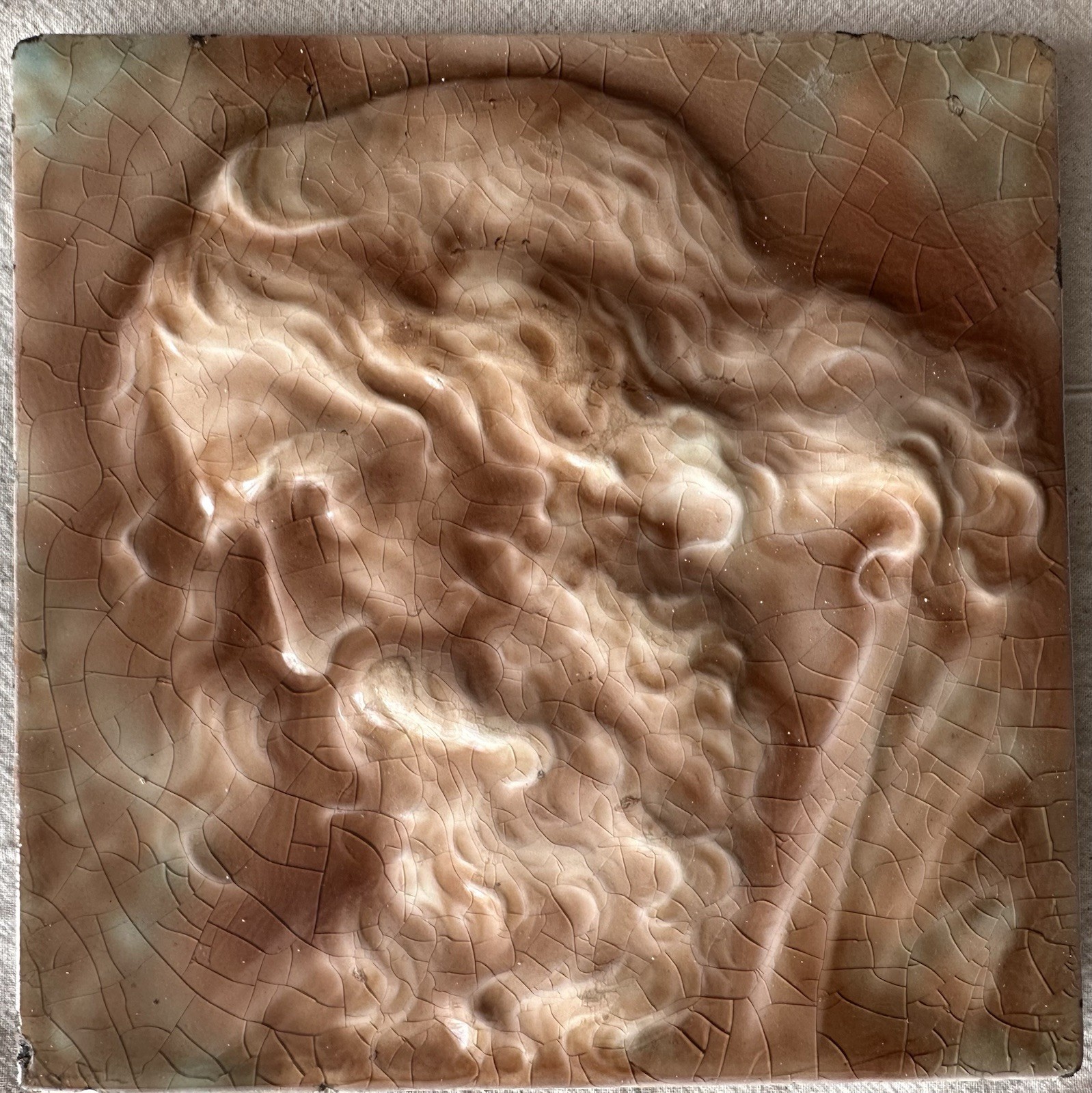 Antique Trent Tile Figural Portrait Art Tile — High Relief Bearded Face, 6x6