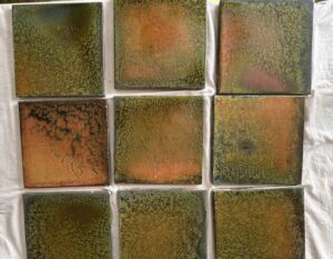 Antique Trent Tile Art Tiles — Mottled Green Orange Flambé, Lot of 9, 6x6