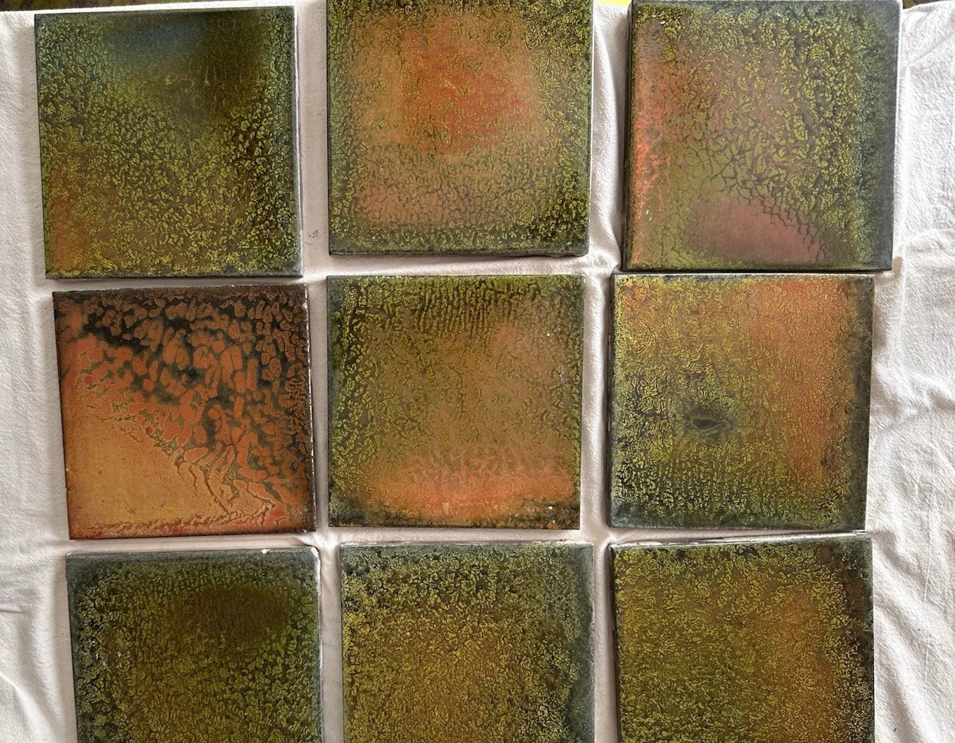 Antique Trent Tile Art Tiles — Mottled Green Orange Flambé, Lot of 9, 6x6