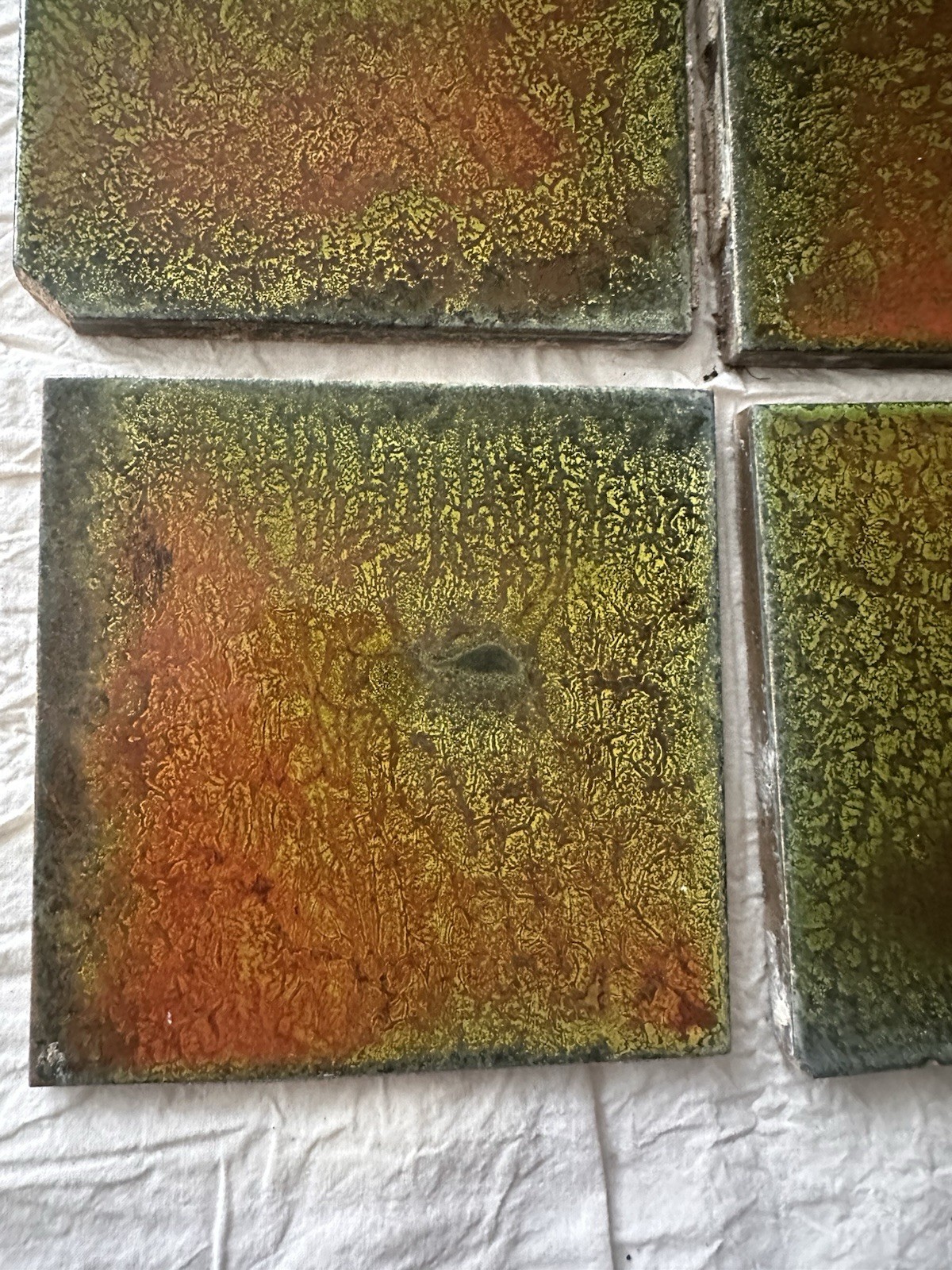 Antique Trent Tile Art Tiles — Mottled Green Orange Flambé, Lot of 9, 6x6 - Image 2