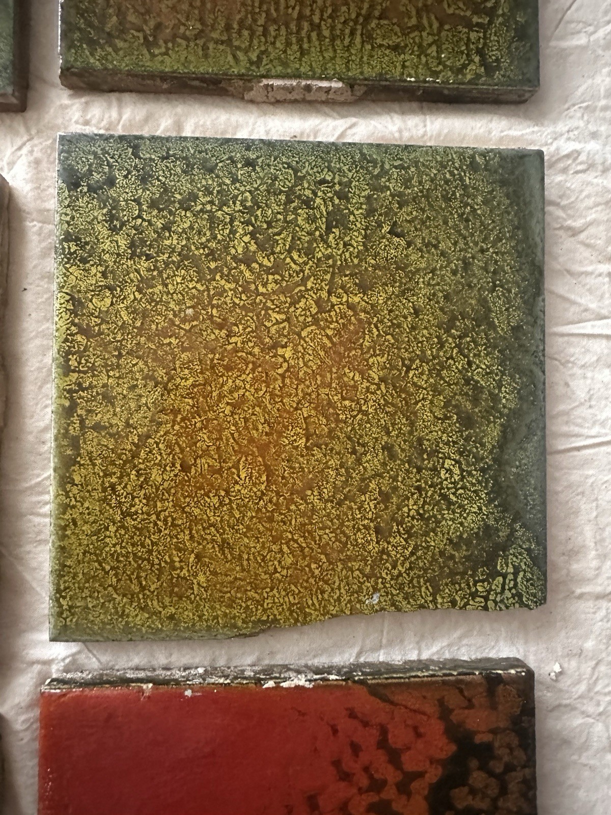 Antique Trent Tile Art Tiles — Mottled Green Orange Flambé, Lot of 9, 6x6 - Image 3