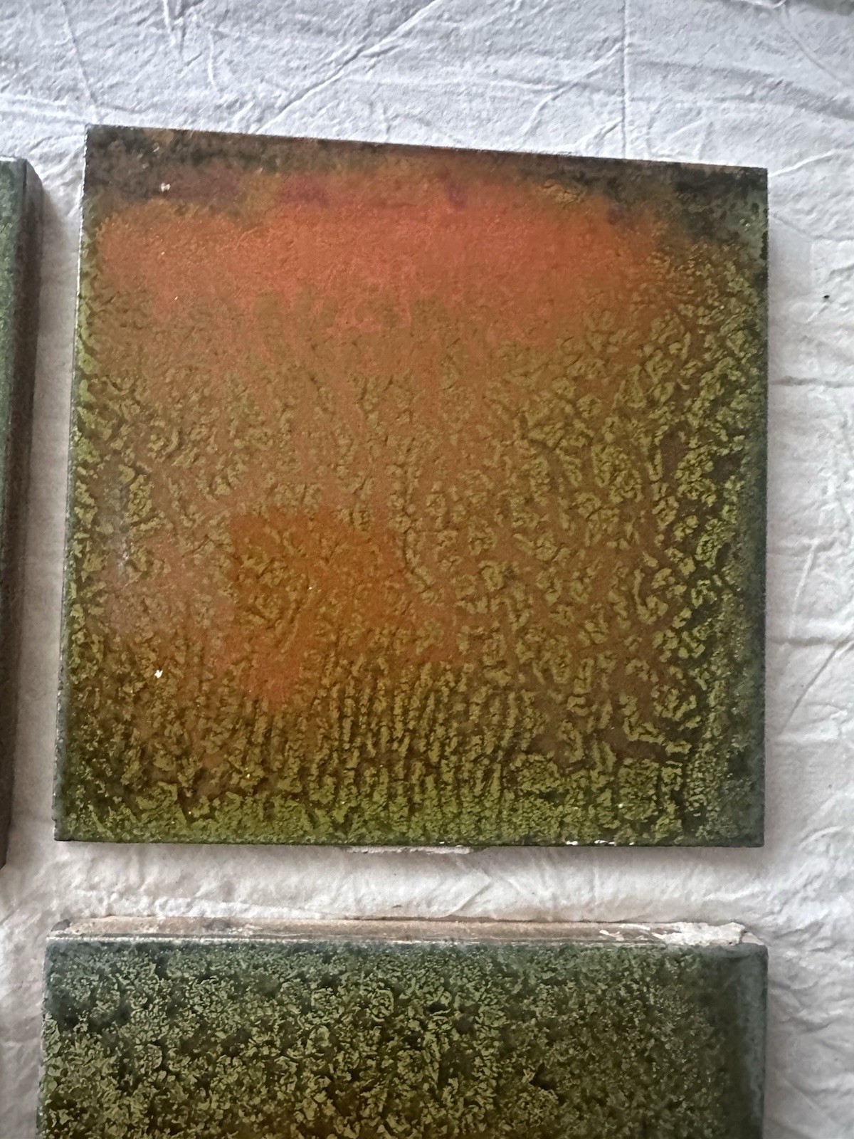 Antique Trent Tile Art Tiles — Mottled Green Orange Flambé, Lot of 9, 6x6 - Image 4
